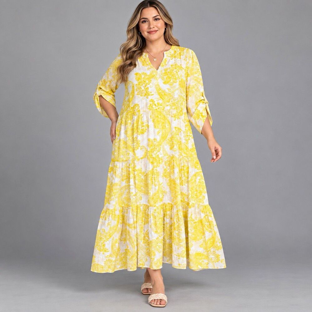 Chicos Tiered Sea Island Paisley Maxi Dress NWT Size 3 XL 16/18 Yellow Pineapple